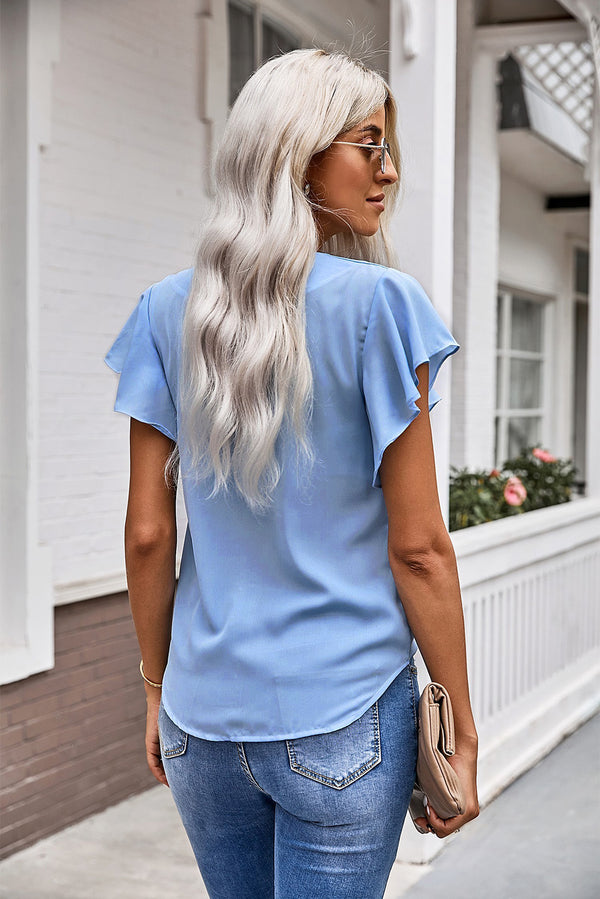 V-Neck Tie Hem Flutter Sleeve Blouse-Teresa's Fashionista LLC