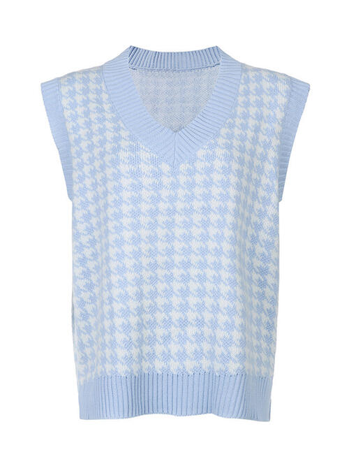 Houndstooth V-Neck Sweater Vet-Teresa&#39;s Fashionista LLC
