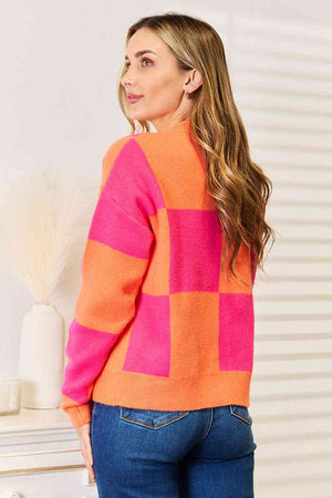 Woven Right Checkered V-Neck Dropped Shoulder Cardigan-Teresa's Fashionista LLC