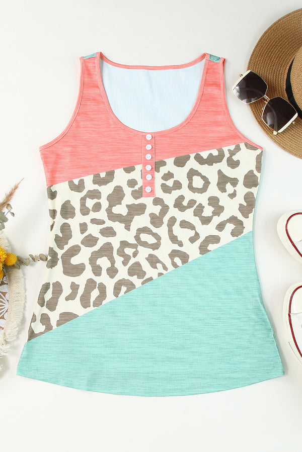 Leopard Color Block Decorative Button Tank-Teresa's Fashionista LLC