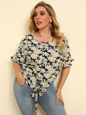 Plus Size Floral Round Neck Tie Hem Blouse-Teresa's Fashionista LLC