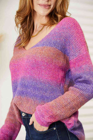 Double Take Multicolored Rib-Knit V-Neck Knit Pullover-Teresa's Fashionista LLC