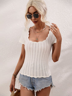 Scalloped Hem Square Neck Knit Top-Teresa's Fashionista LLC