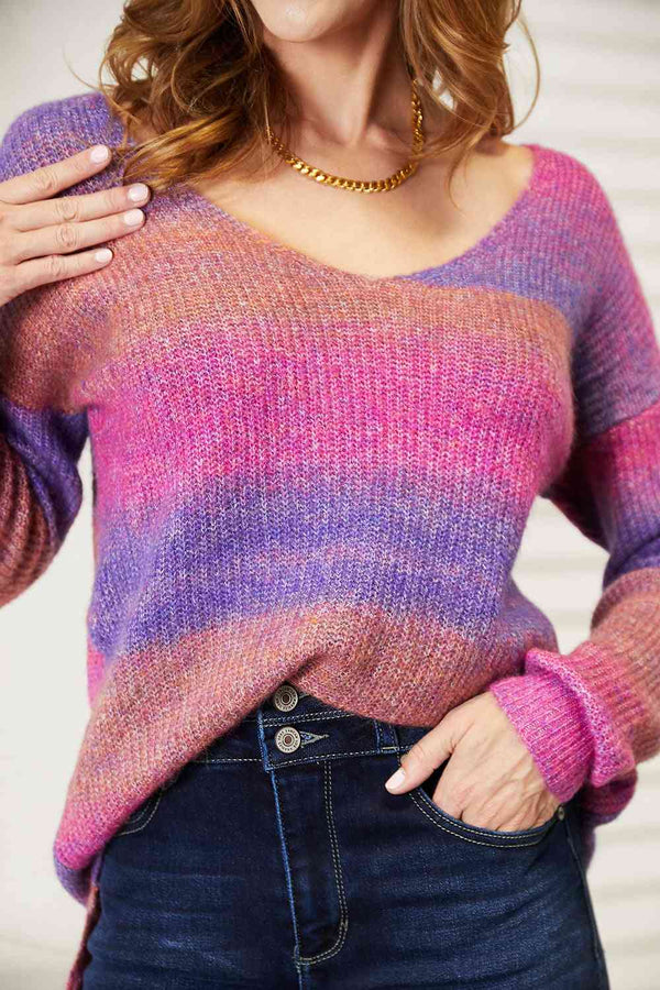 Double Take Multicolored Rib-Knit V-Neck Knit Pullover-Teresa's Fashionista LLC