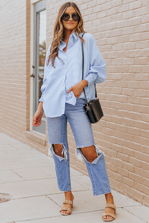 Striped Lantern Sleeve Collared Shirt-Teresa's Fashionista LLC