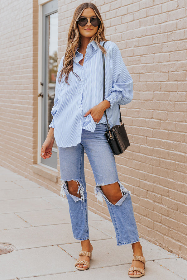 Striped Lantern Sleeve Collared Shirt-Teresa's Fashionista LLC