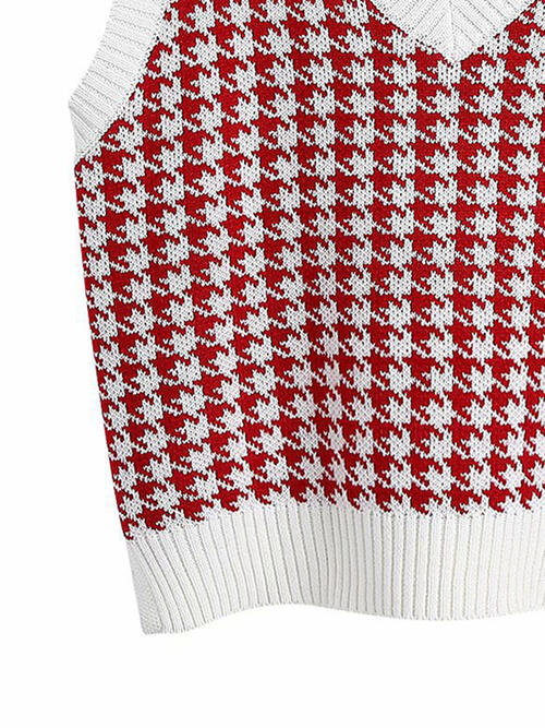 Houndstooth V-Neck Sweater Vet-Teresa&#39;s Fashionista LLC