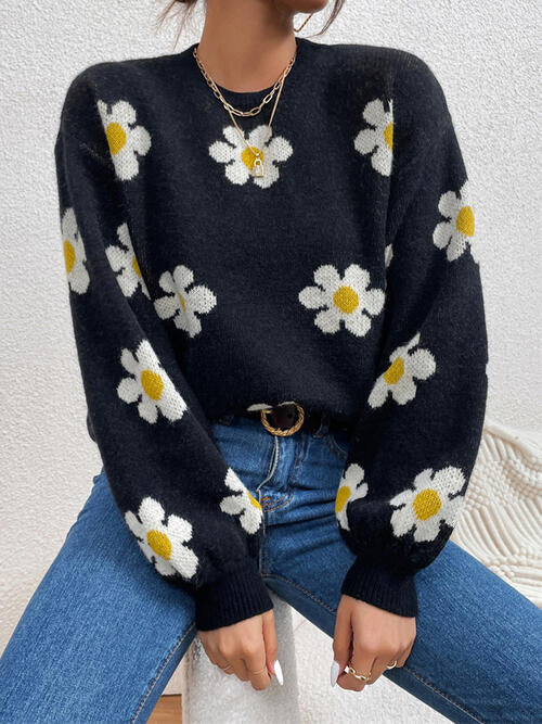 Flower Round Neck Latern Sleeve Sweater-Teresa&#39;s Fashionista LLC