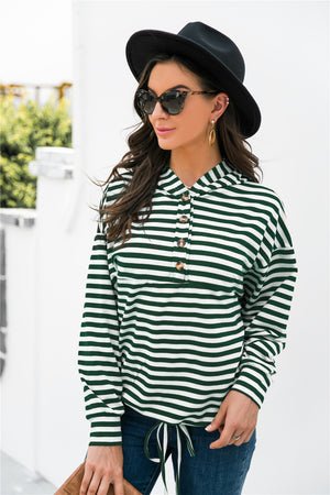 Striped Half-Button Dropped Shoulder Hoodie-Teresa's Fashionista LLC