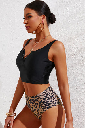 Half Snap Square Neck Tankini Set-Teresa's Fashionista LLC