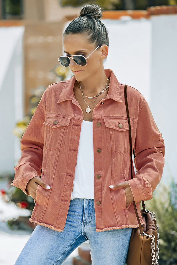 Distressed Raw Hem Denim Jacket-Teresa's Fashionista LLC
