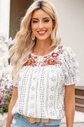 Embroidered Round Neck Flounce Sleeve Blouse-Teresa's Fashionista LLC