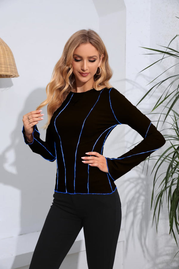 Ribbed Round Neck Long Sleeve Blouse-Teresa's Fashionista LLC