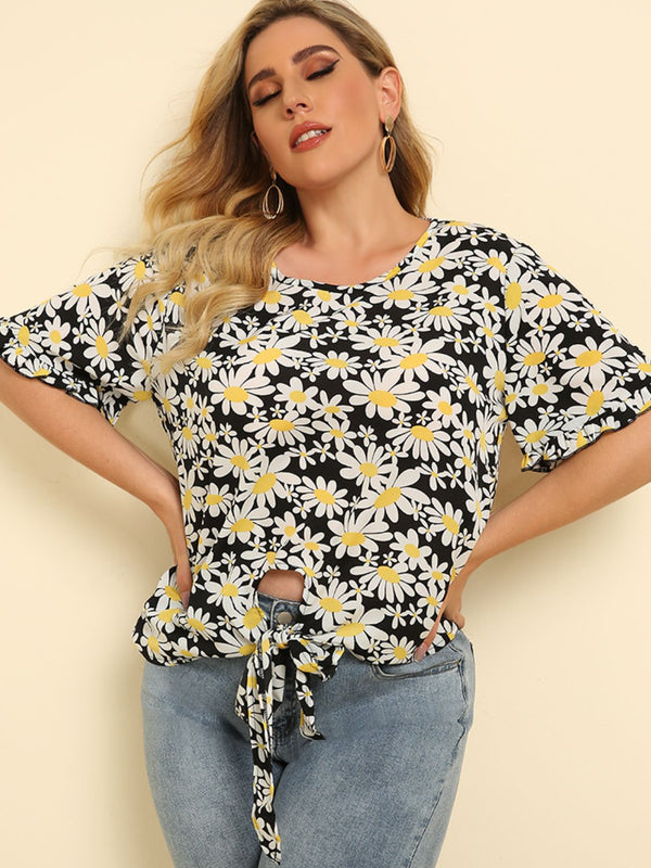Plus Size Floral Round Neck Tie Hem Blouse-Teresa's Fashionista LLC