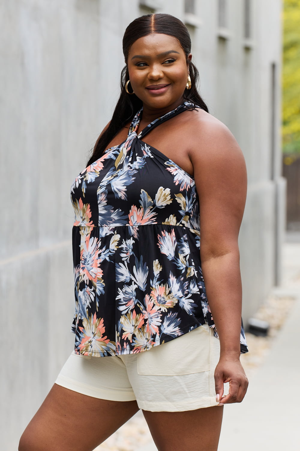 Be Stage Full Size Floral Halter Top in Black-Teresa&#39;s Fashionista LLC