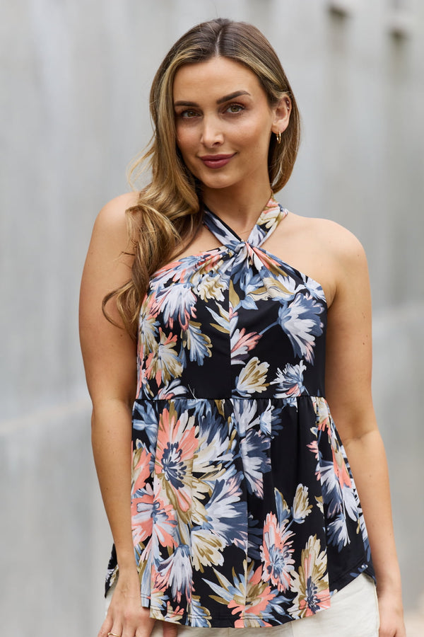 Be Stage Full Size Floral Halter Top in Black-Teresa's Fashionista LLC