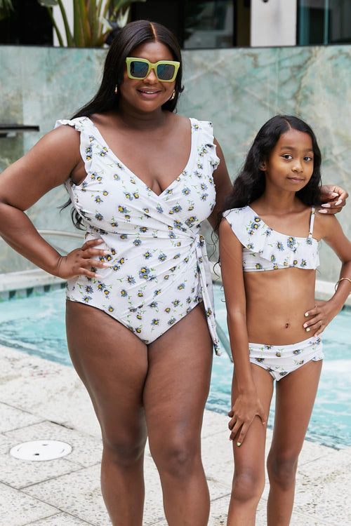 Marina West Swim Float On Ruffle Faux Wrap One-Piece in Daisy Cream-Teresa's Fashionista LLC
