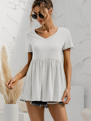 V-Neck Short Sleeve Babydoll Top-Teresa's Fashionista LLC