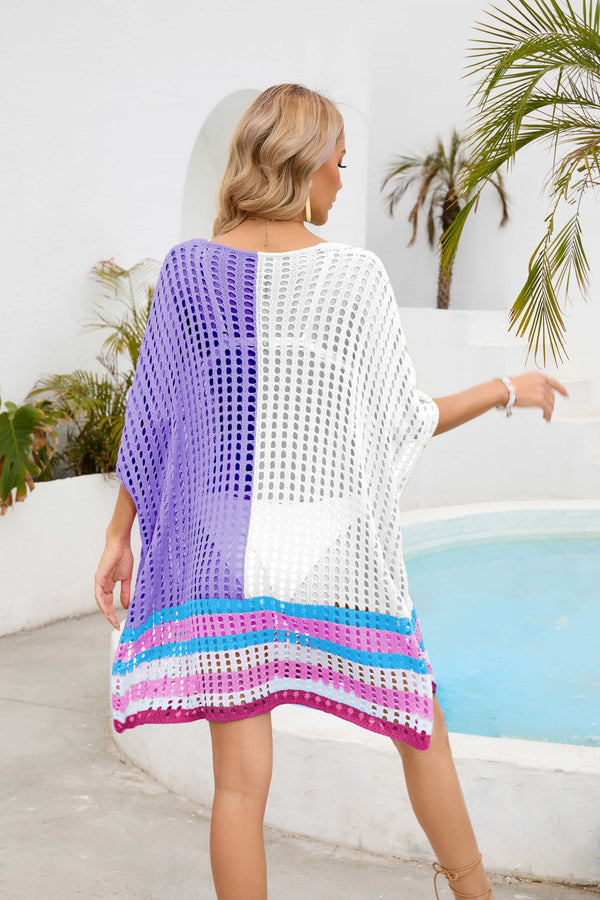 Contrast Scoop Neck Openwork Half Sleeve Cover Up-Teresa's Fashionista LLC