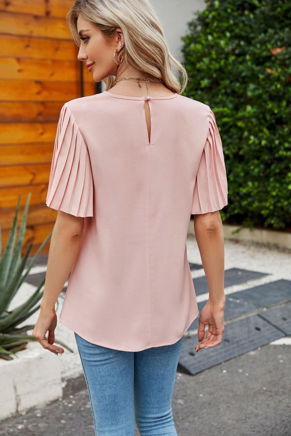 Pleated Flutter Sleeve Round Neck Blouse-Teresa's Fashionista LLC