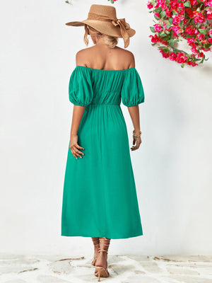 Off-shoulder balloon sleeve midi dress in solid green with A-line hem and puff sleeves.