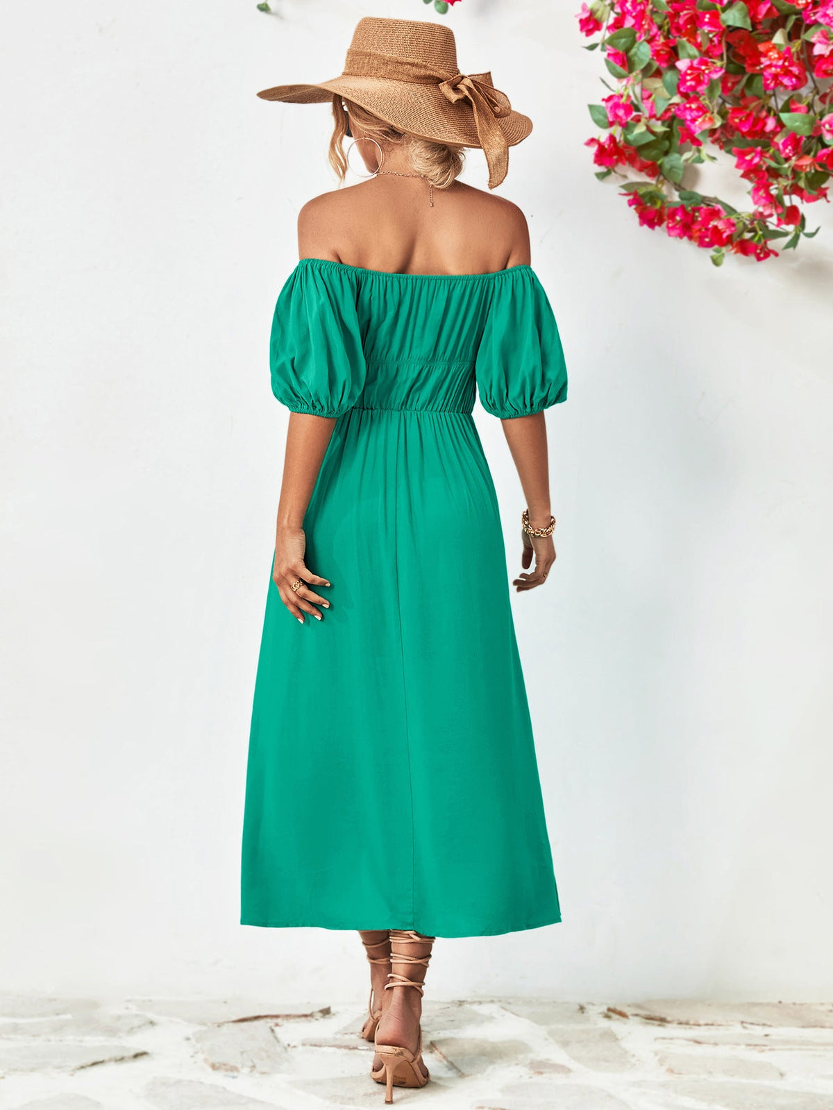 Off-shoulder balloon sleeve midi dress in solid green with A-line hem and puff sleeves.