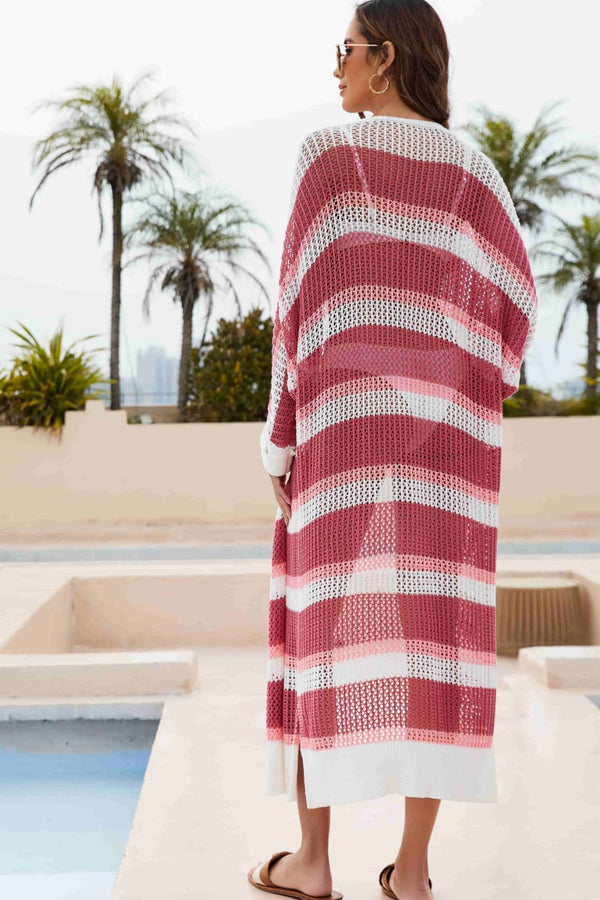 Striped Open Front Side Slit Duster Cover Up-Teresa's Fashionista LLC
