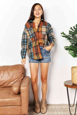 Double Take Plaid Curved Hem Shirt Jacket with Breast Pockets-Teresa's Fashionista LLC