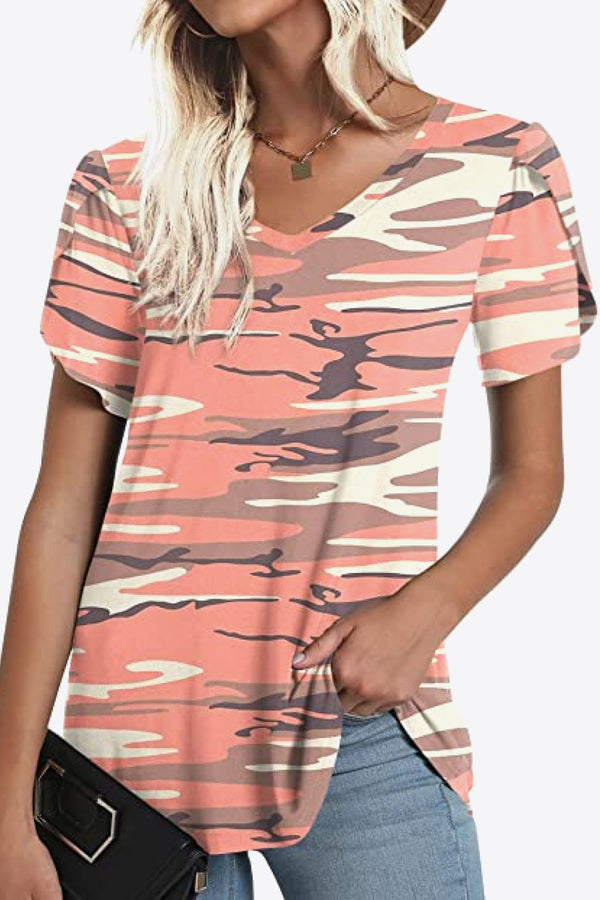 Printed Petal Sleeve V-Neck Blouse-Teresa's Fashionista LLC