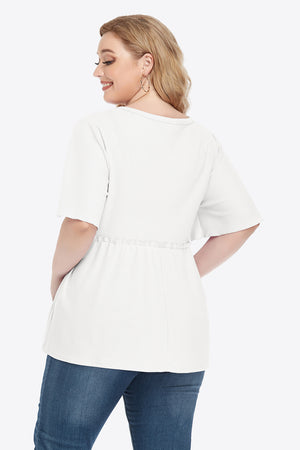 Plus Size Buttoned V-Neck Frill Trim Babydoll Blouse-Teresa's Fashionista LLC