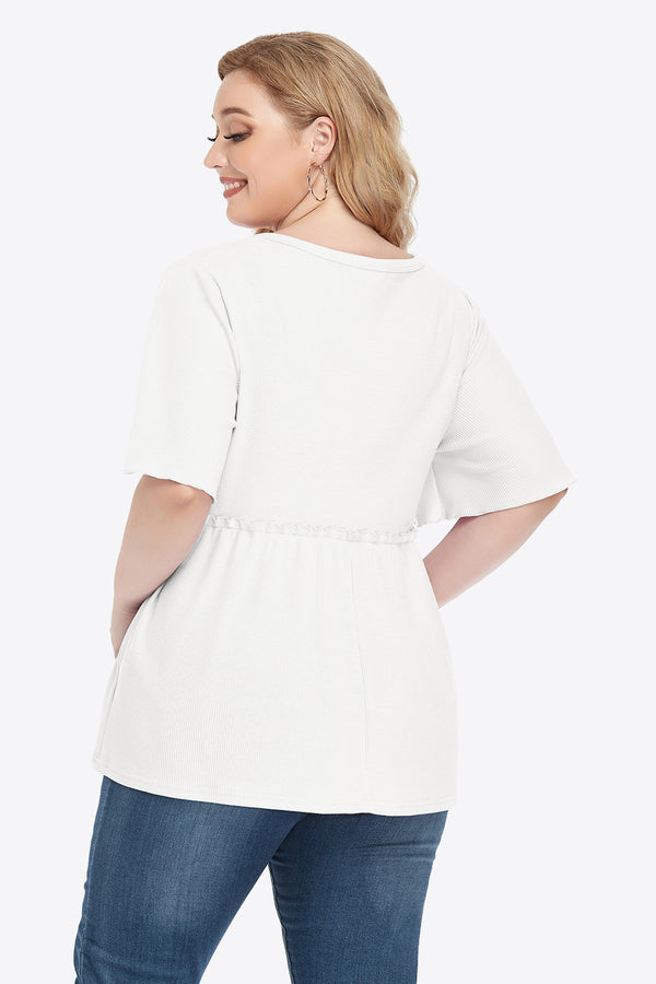 Plus Size Buttoned V-Neck Frill Trim Babydoll Blouse-Teresa's Fashionista LLC