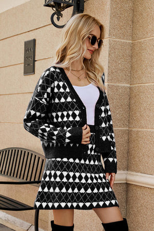 Geometric Button Front Cardigan and Skirt Set-Teresa's Fashionista LLC