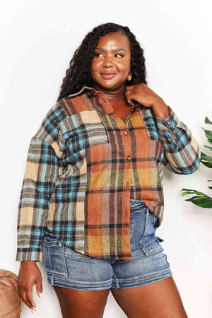 Double Take Plaid Curved Hem Shirt Jacket with Breast Pockets-Teresa's Fashionista LLC