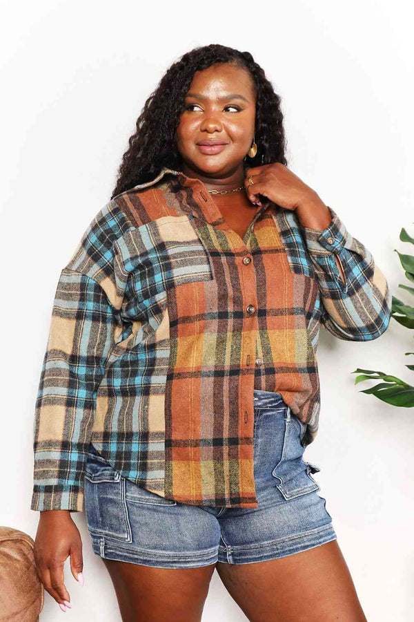 Double Take Plaid Curved Hem Shirt Jacket with Breast Pockets-Teresa's Fashionista LLC