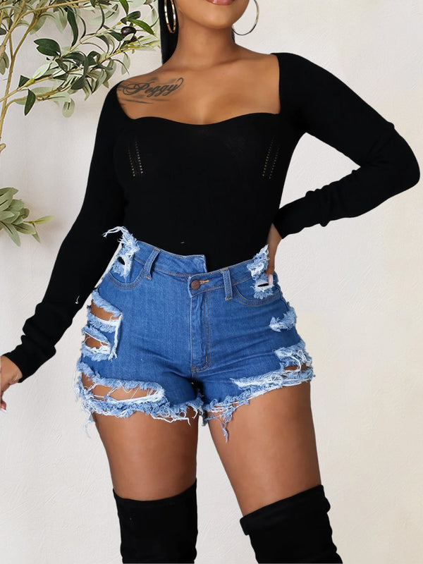 Distressed Raw Hem Denim Shorts with Pockets-Teresa's Fashionista LLC