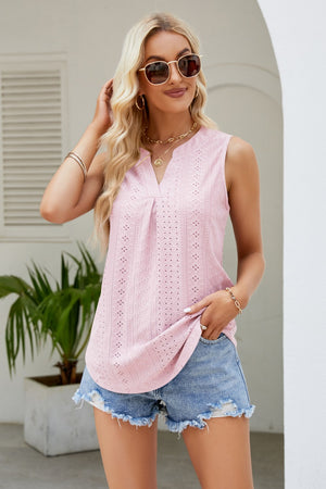 Notched Neck Curved Hem Eyelet Tank-Teresa's Fashionista LLC