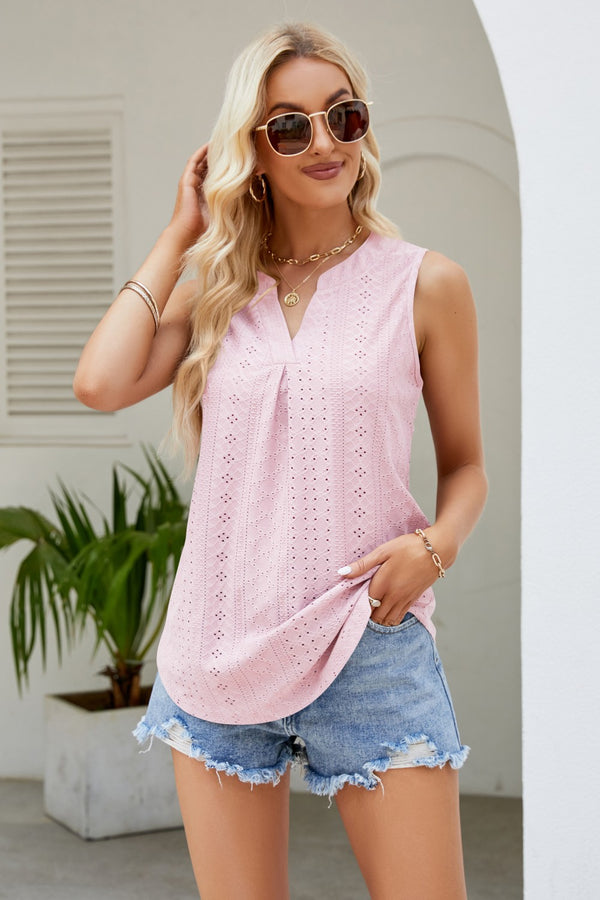 Notched Neck Curved Hem Eyelet Tank-Teresa's Fashionista LLC