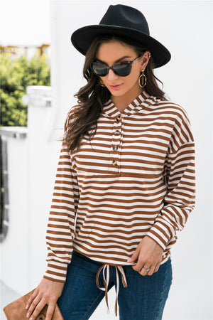 Striped Half-Button Dropped Shoulder Hoodie-Teresa's Fashionista LLC