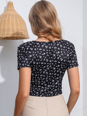 Floral Surplice Neck Short Sleeve Top-Teresa's Fashionista LLC