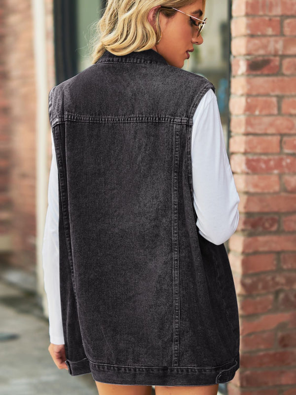 Collared Neck Sleeveless Denim Top with Pockets-Teresa's Fashionista LLC