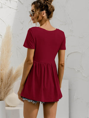 V-Neck Short Sleeve Babydoll Top-Teresa's Fashionista LLC