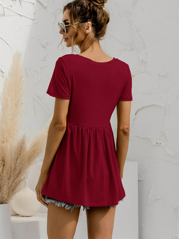 V-Neck Short Sleeve Babydoll Top-Teresa's Fashionista LLC