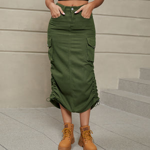 Drawstring Ruched Slit Denim Midi Skirt-Teresa's Fashionista LLC