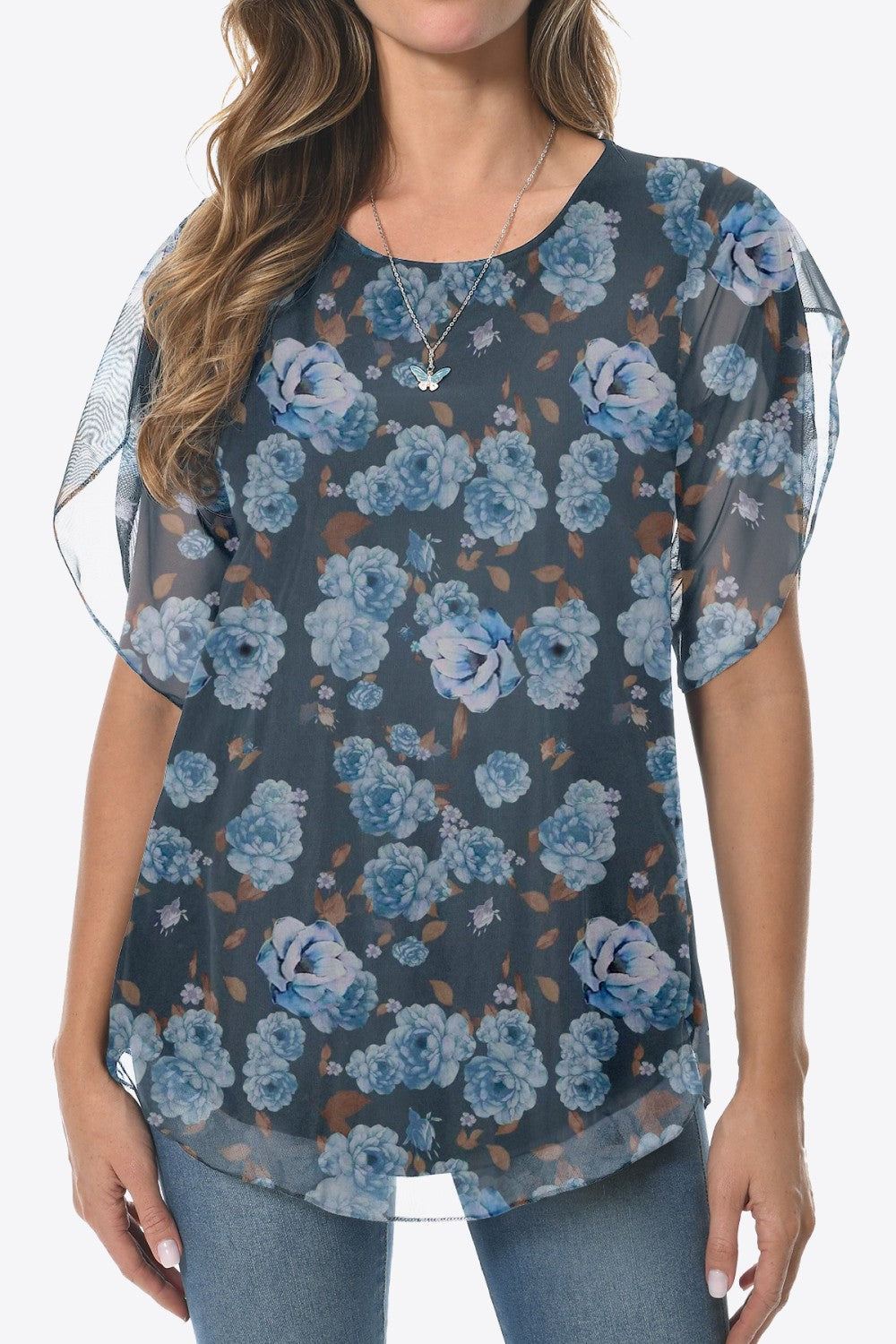 Printed Round Neck Curved Hem Blouse-Teresa&#39;s Fashionista LLC