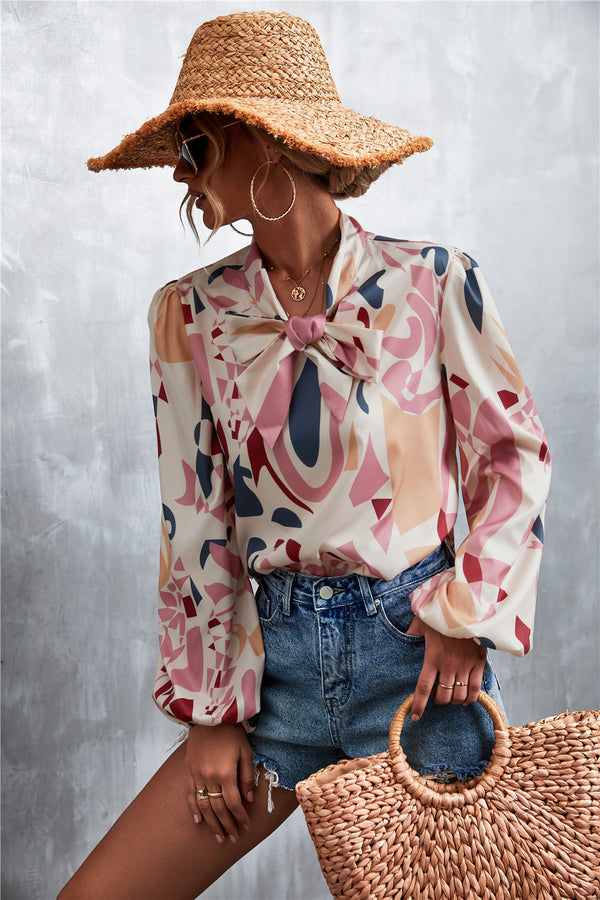 Printed Tie Neck Puff Sleeve Blouse-Teresa's Fashionista LLC