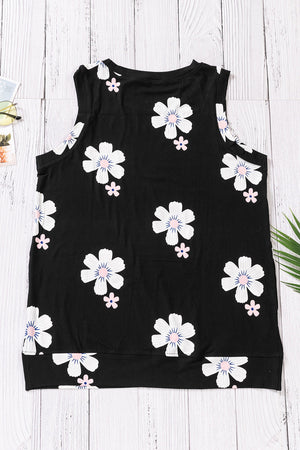 Printed side slit round neck tank with floral pattern, sleeveless design, and chic casual style.