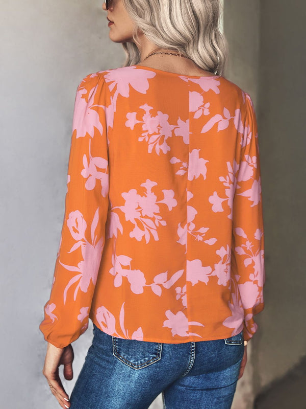 Printed Tie Neck Long Sleeve Blouse-Teresa's Fashionista LLC