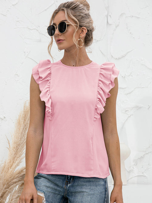 Round Neck Tied Open Back Flutter Sleeve Top-Teresa's Fashionista LLC
