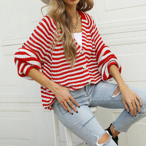 Striped Button Down Long Sleeve Cardigan-Teresa's Fashionista LLC