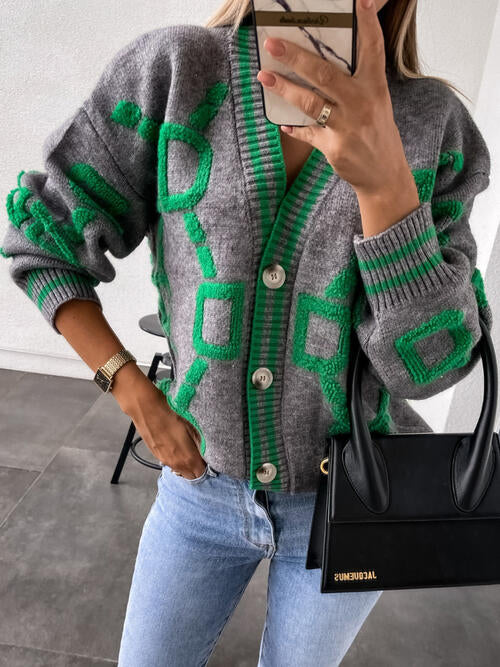 Geometric Dropped Shoulder Button Down Cardigan-Teresa's Fashionista LLC
